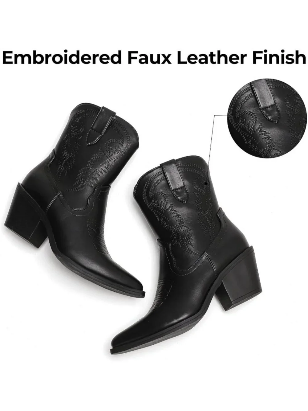 Women's Black Cowboy Ankle Boots Western Booties Pointed Toe Embroidery Shoes